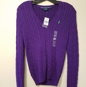Purple Ralph Lauren V-Neck Cable Knit Sweater